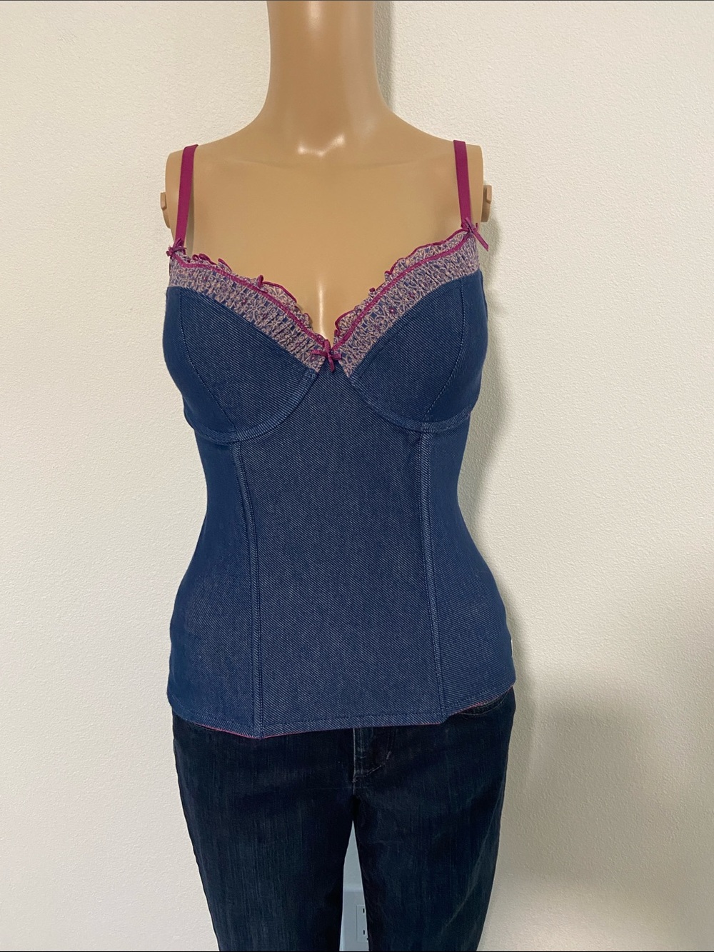 VTG lei Navy Denim-Look bustier with Pink Trim Sz S/M